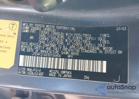 2003 Toyota Highlander V6 z USA, uszkodzony, nr VIN JTEHF21AX30156406